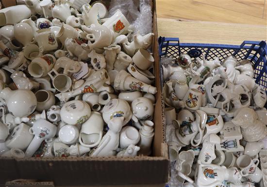 A large collection of crested china, including a Carlton Ware WWII Biddenden Maids Listening In example,